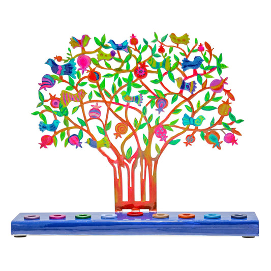 Hanukkah Menorah - Laser Cut, Hand Painted - Pomegranate Tree