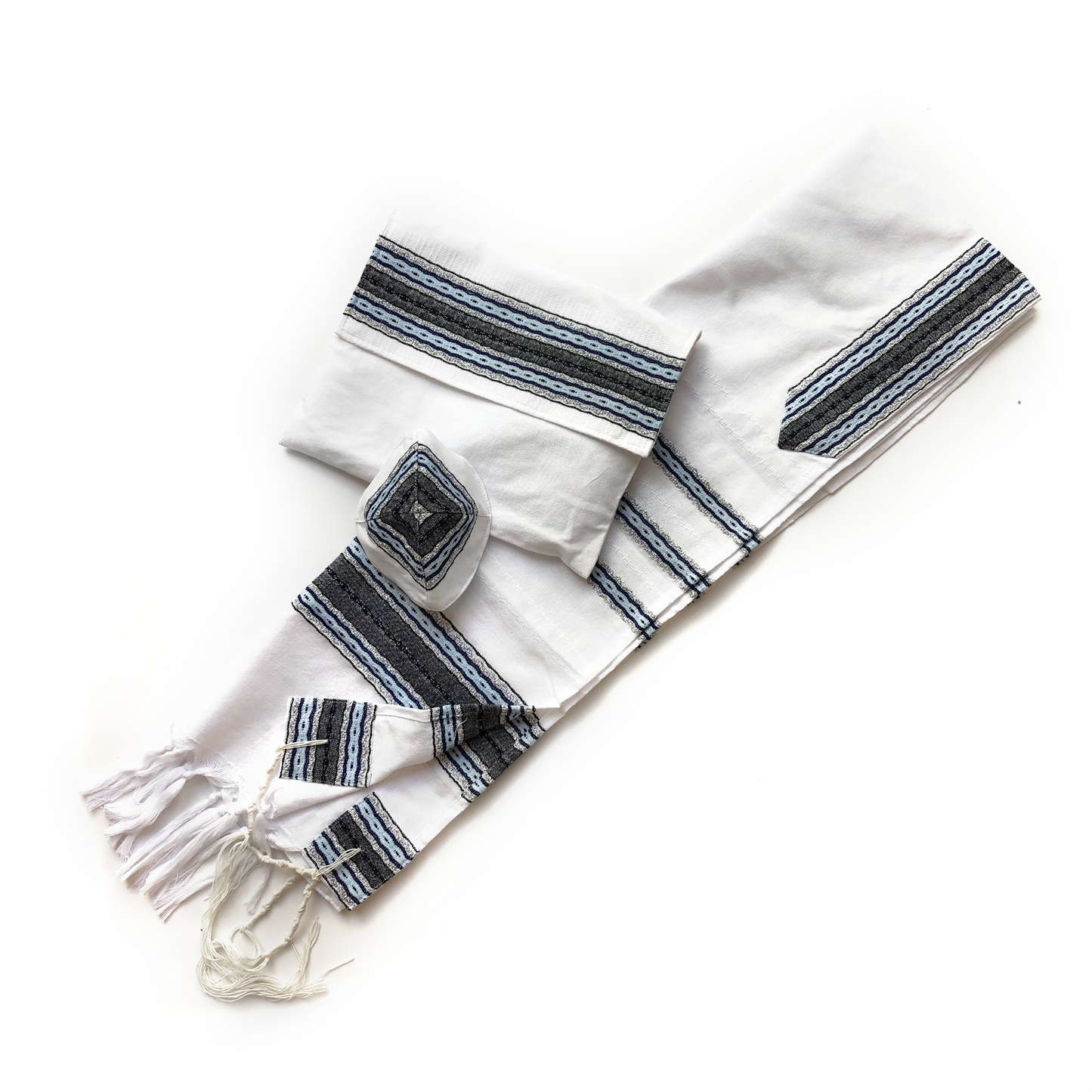 Adam - Cotton Tallit - Blues with Silver on White
