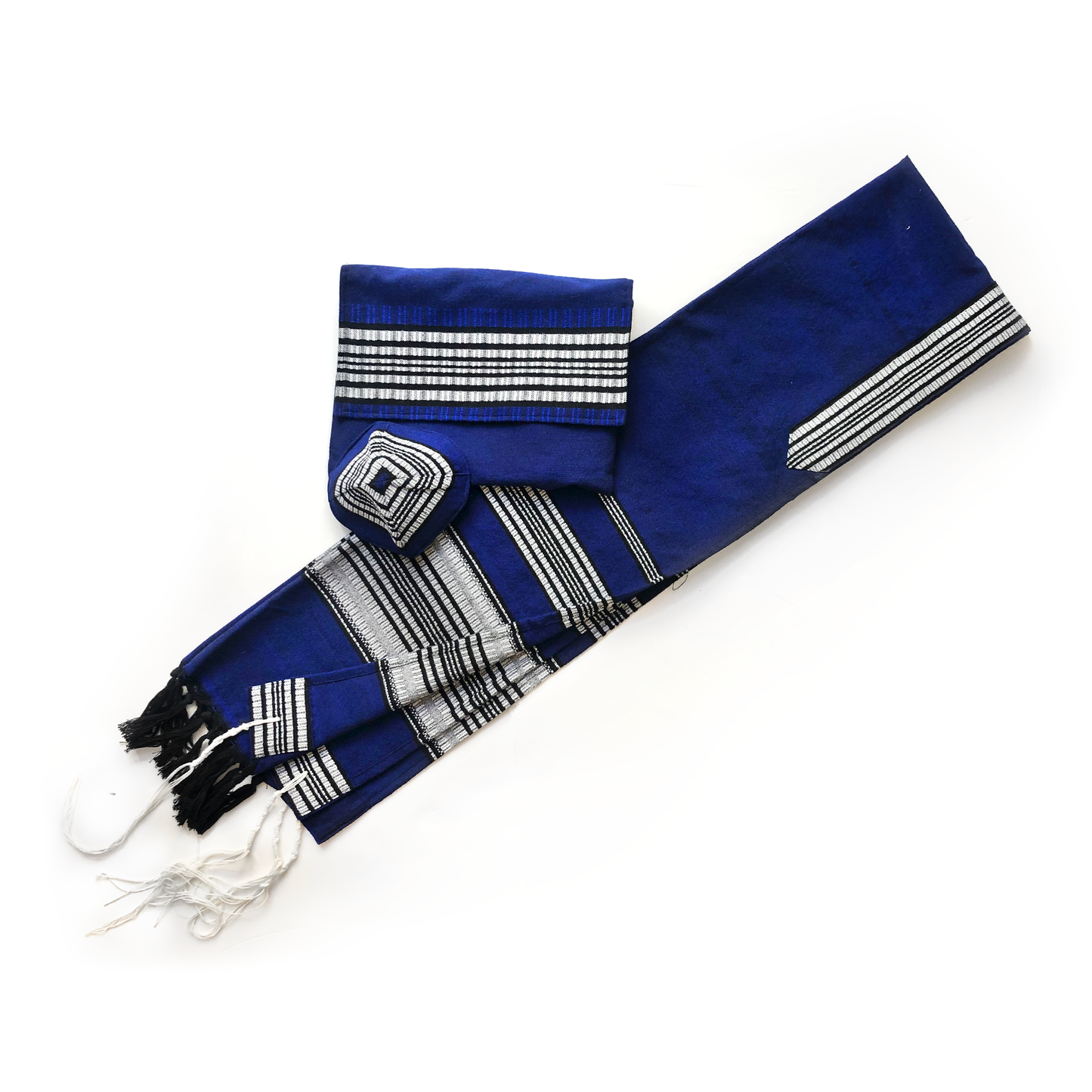 Yoel - Cotton Tallit - Grey and Black on Blue