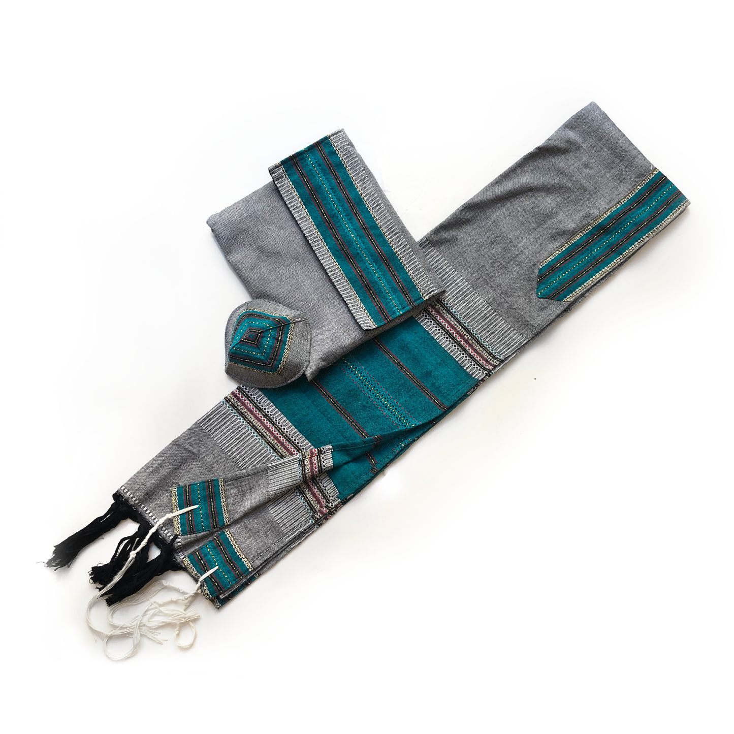 Elia - Cotton Tallit - Turquoise with Gold on Grey