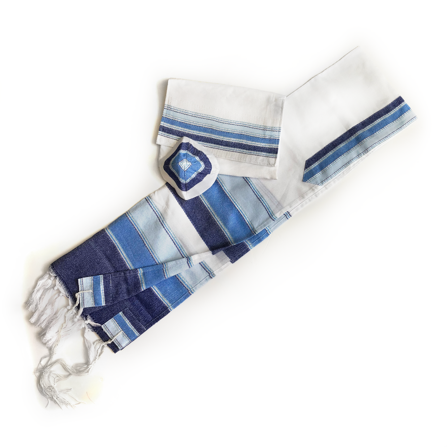 Noam - Cotton Tallit - 3 Blues and Silver on White