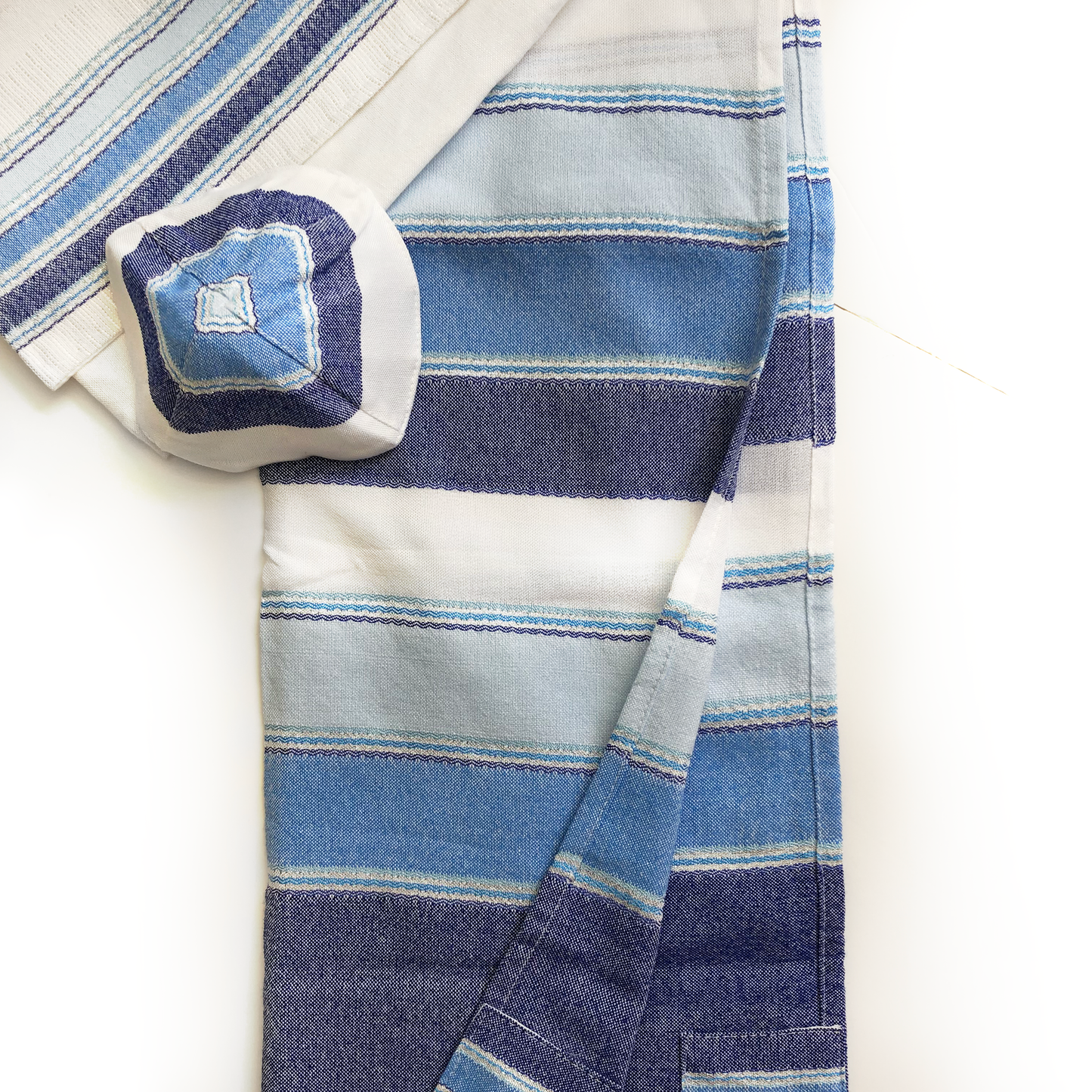 Noam - Cotton Tallit - 3 Blues and Silver on White