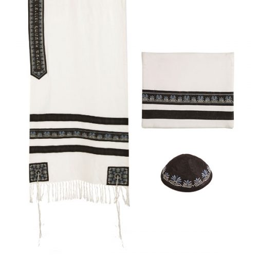 Tallit - Embroidered + Embroidered Stripe - Black - Chaya & Raphael's Galleries