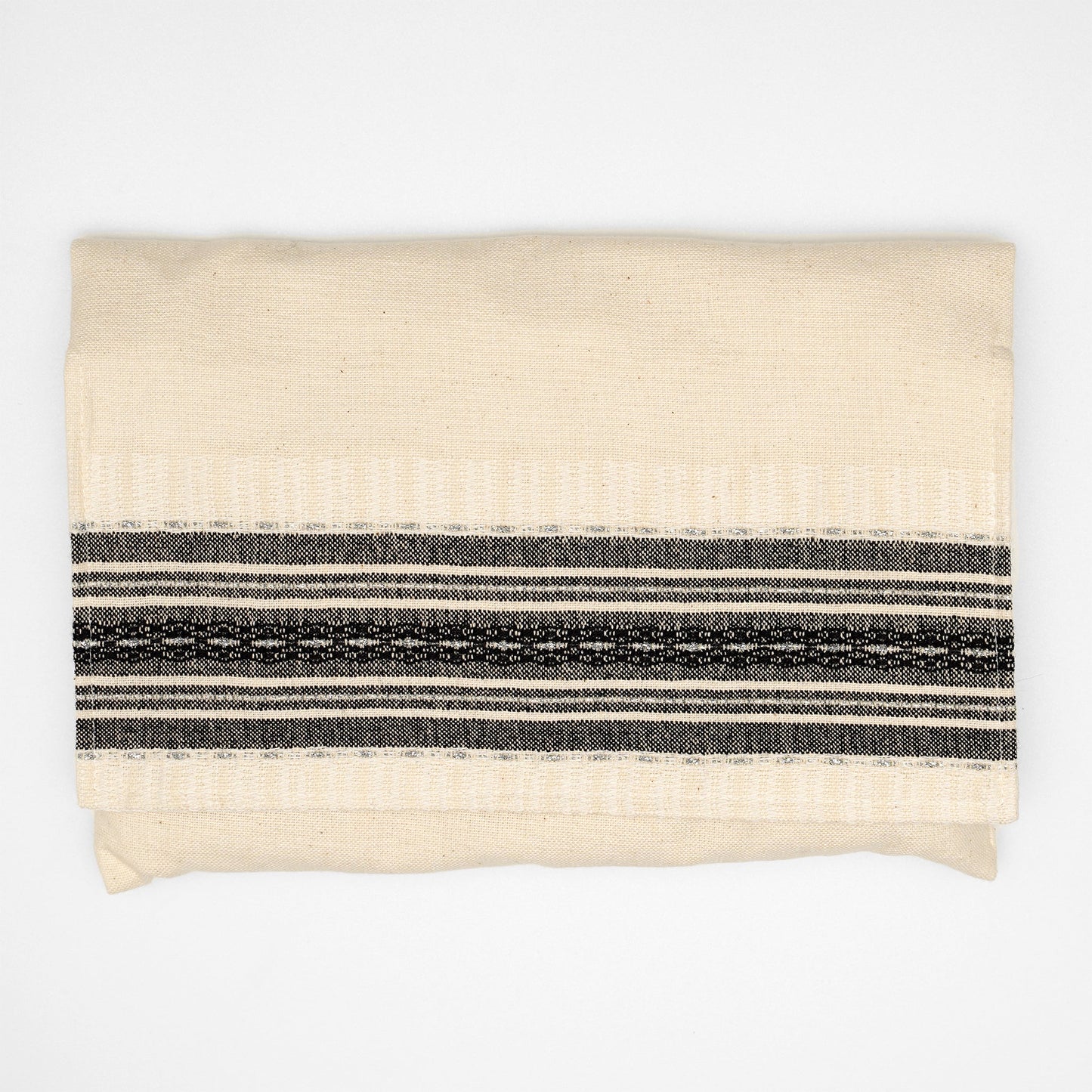 Elia - Cotton Tallit - Black with Silver on Off-White