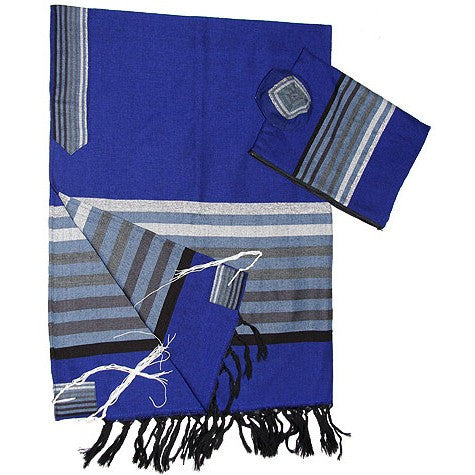 Gad - Wool Tallit - Grey scale Stripes on Blue