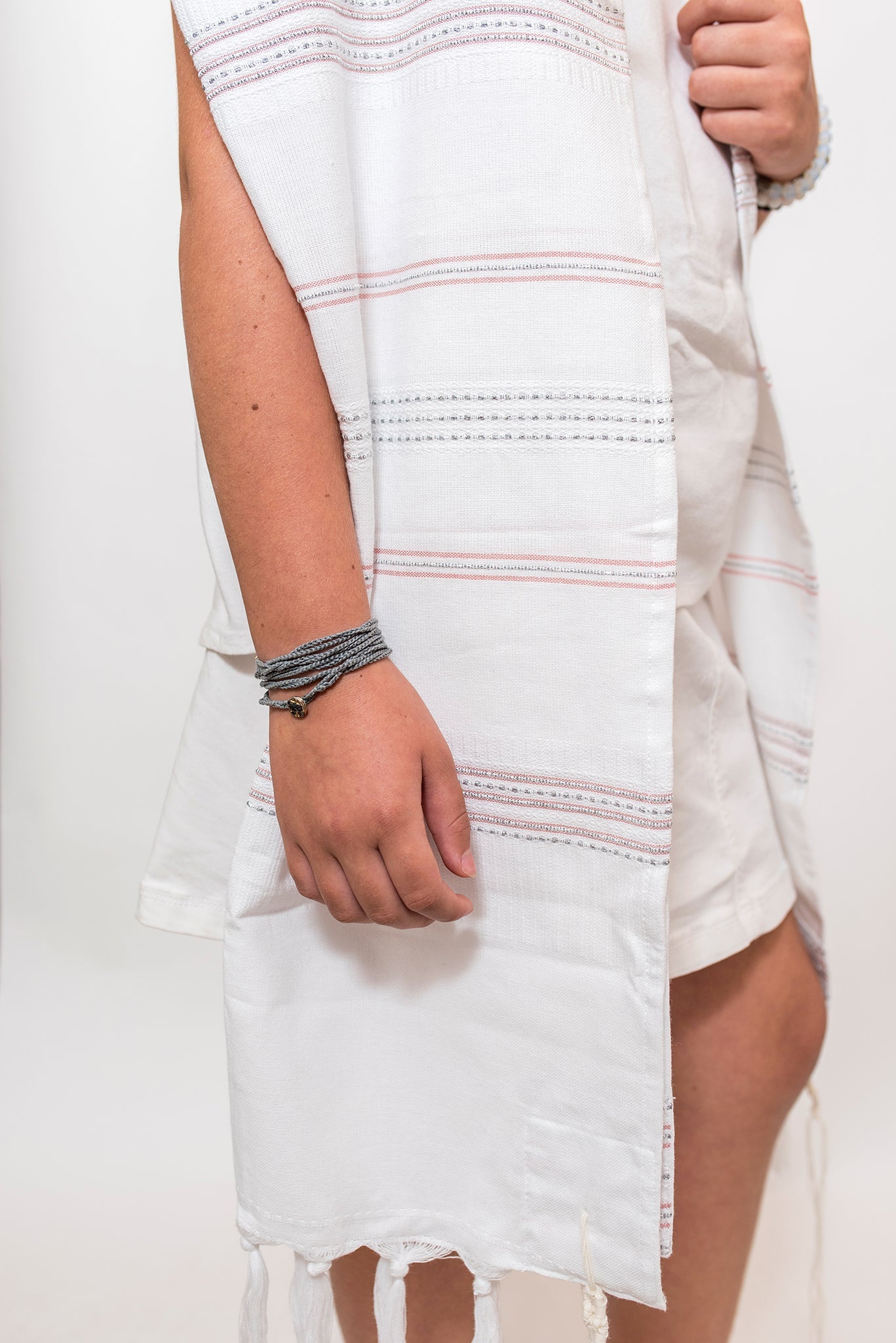 Elia - Silk Tallit - Pink and Silver on White