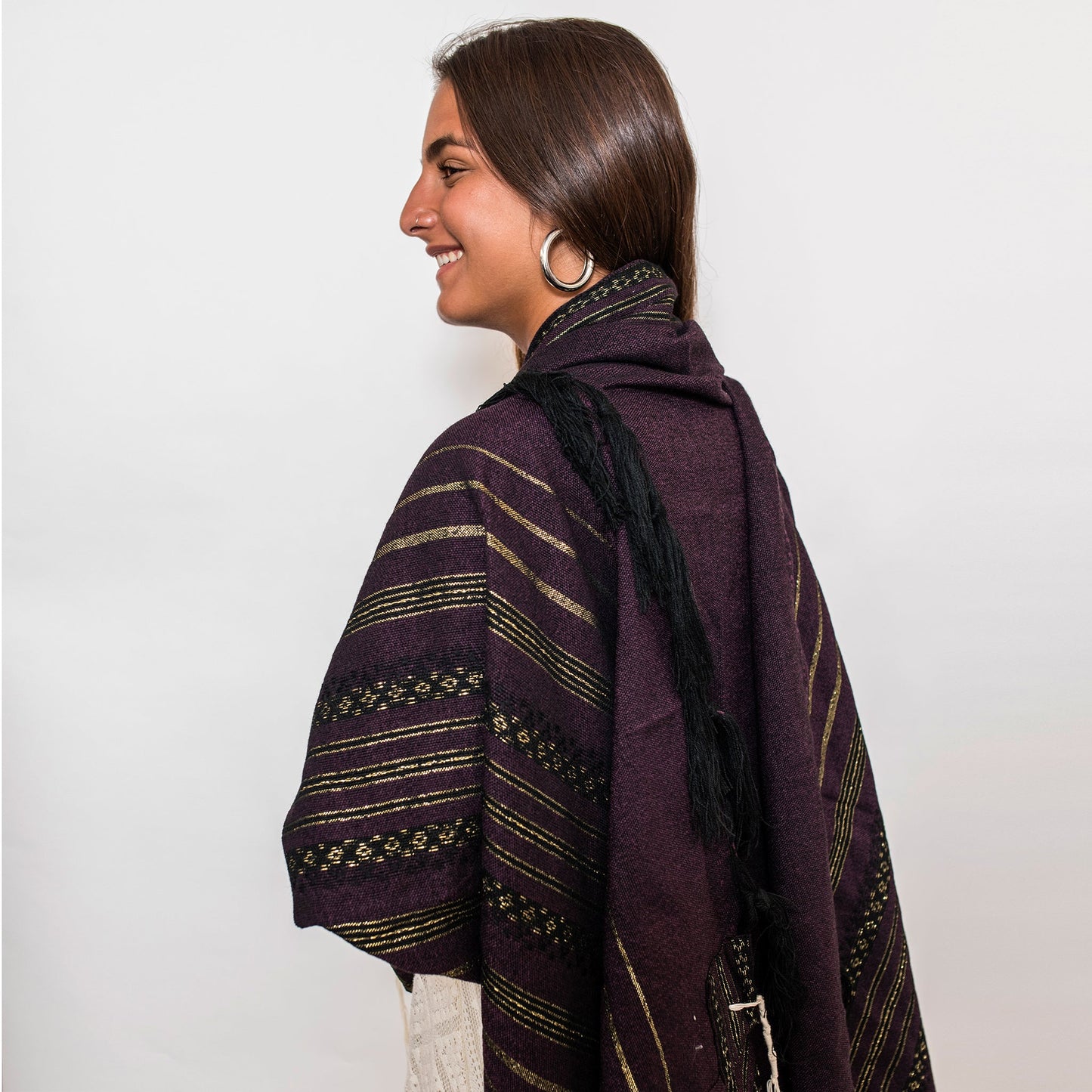Hagar - Wool Tallit - Black and Gold Design on Purple
