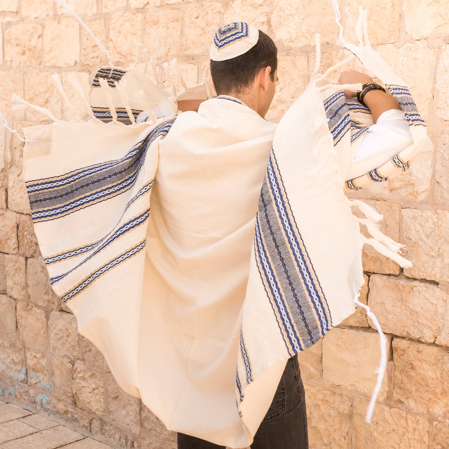 Adam - Cotton Tallit - Blues and Gold on Off-White