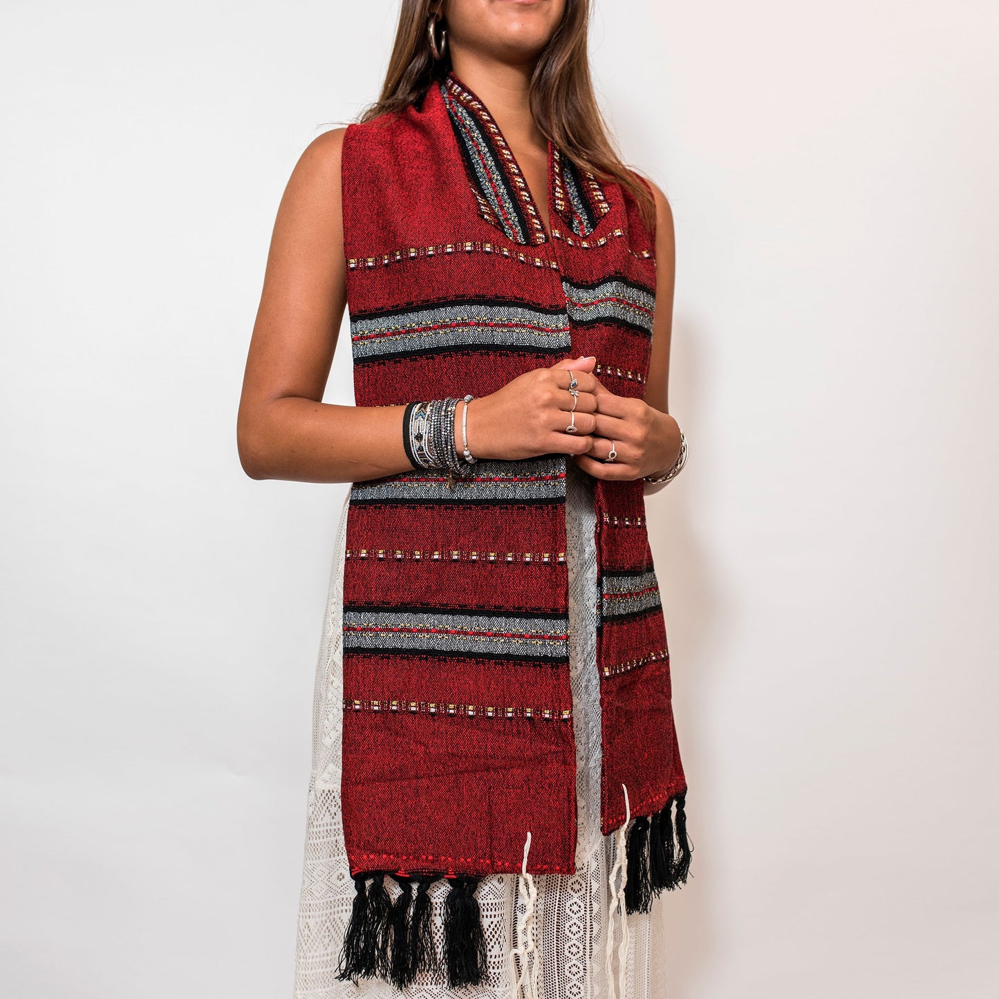Ruth - Wool Tallit - Black and Gray with gold on Red