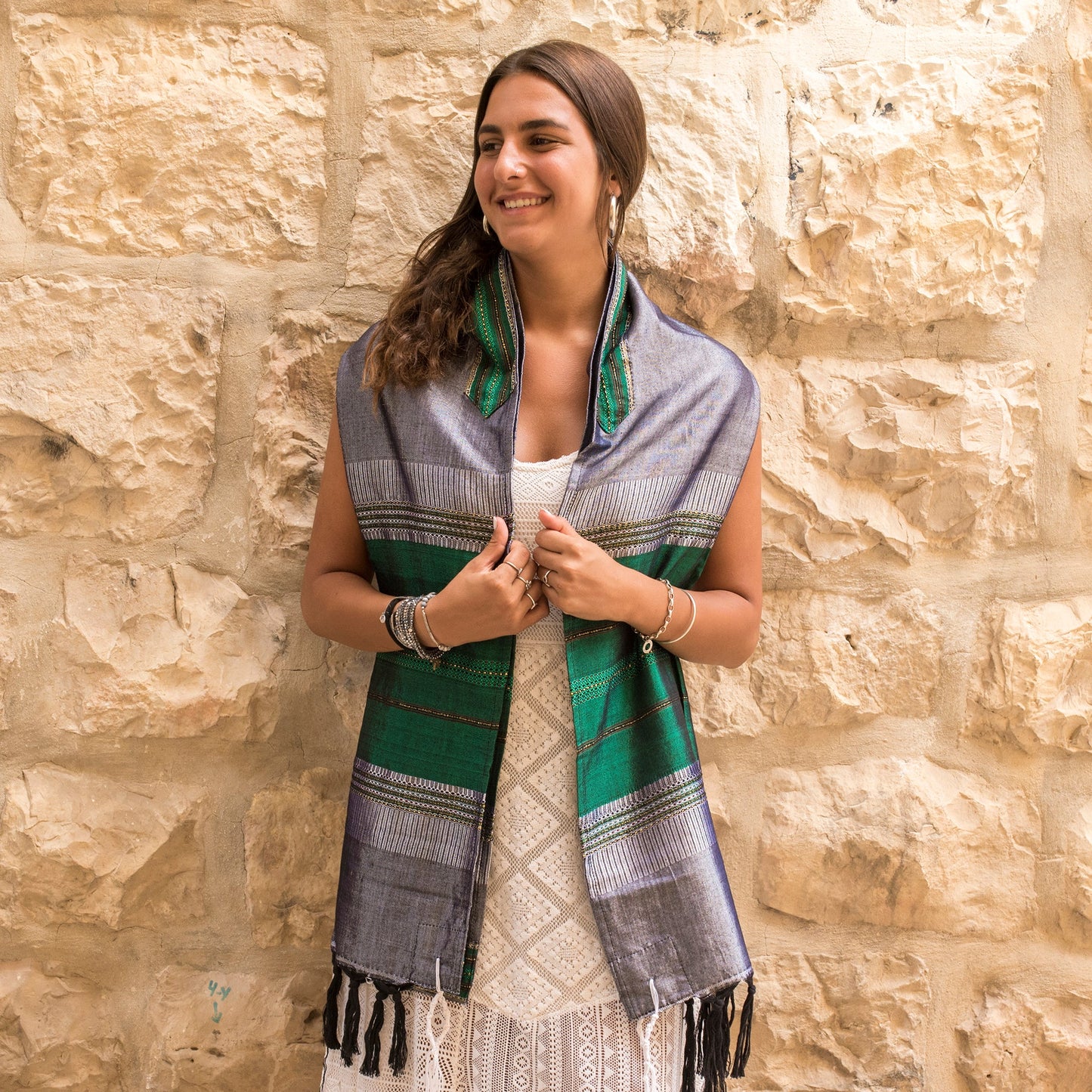 Elia - Silk Tallit- Green and Gold on Gray