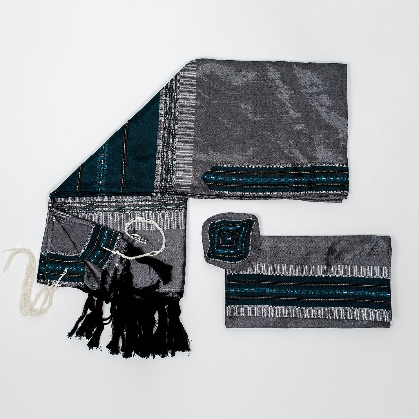 Elia - Silk Tallit- Turquoise and Silver on Gray