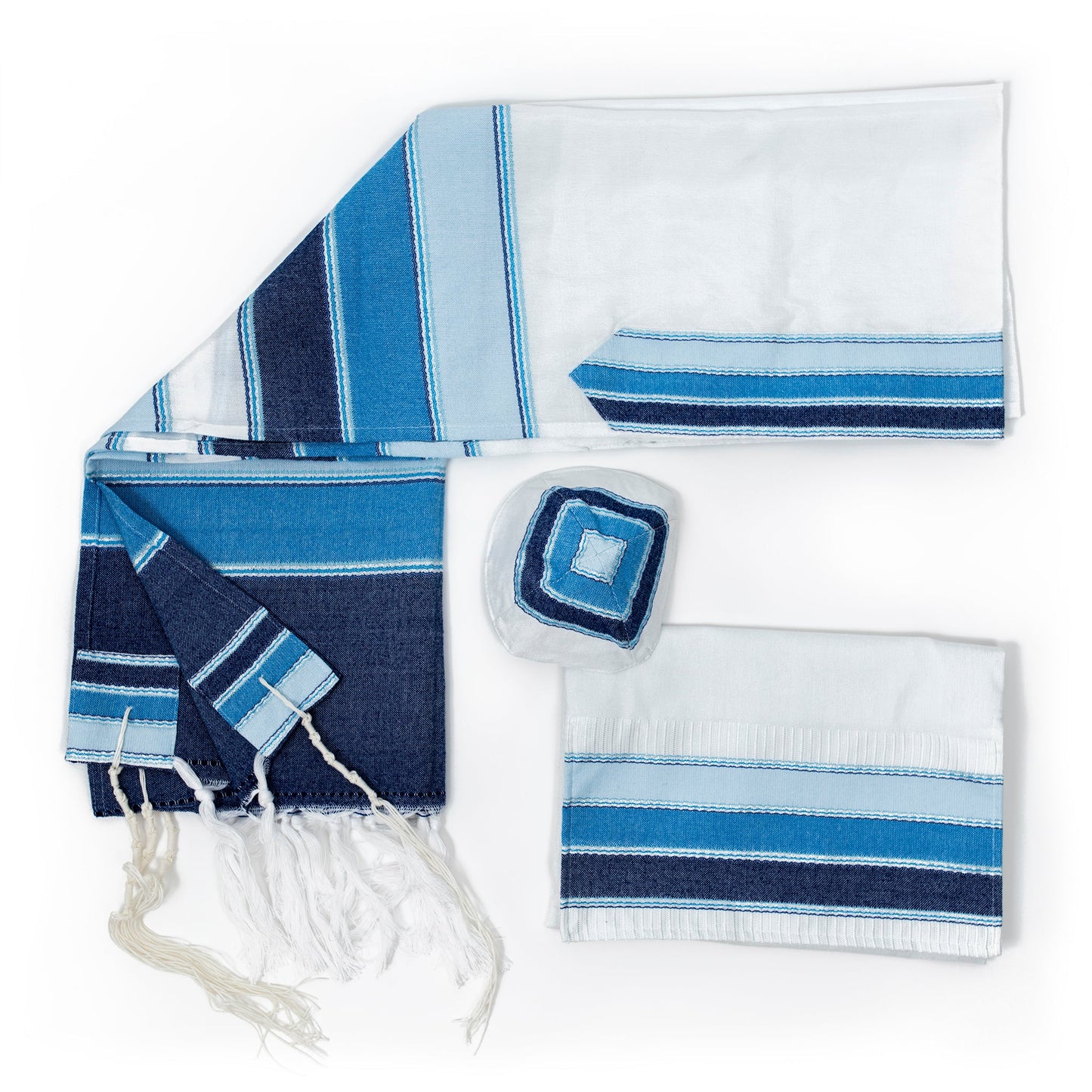 Noam - Silk Tallit - 3 Blues and Silver on White