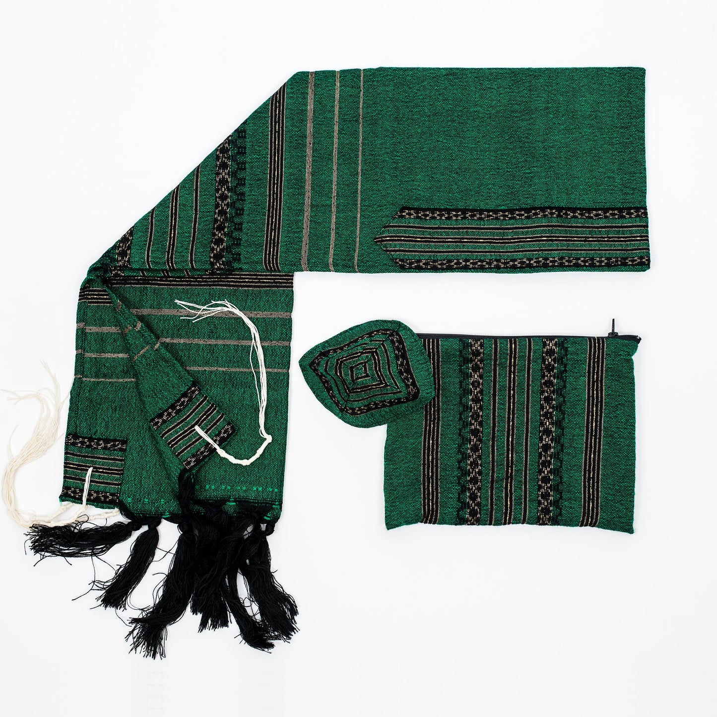 Hagar - Wool Tallit - Black and Gold Design on Green