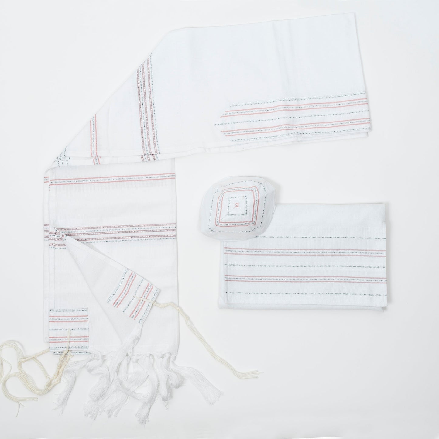 Elia - Silk Tallit - Pink and Silver on White