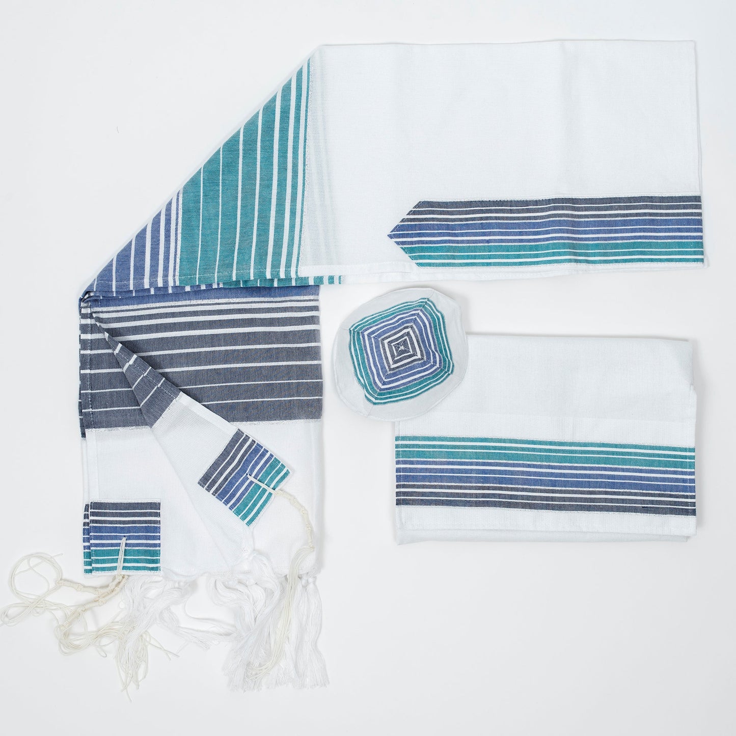 Ella - Cotton Tallit - Turquoise, Blue and Navy Stripes with Silver on White