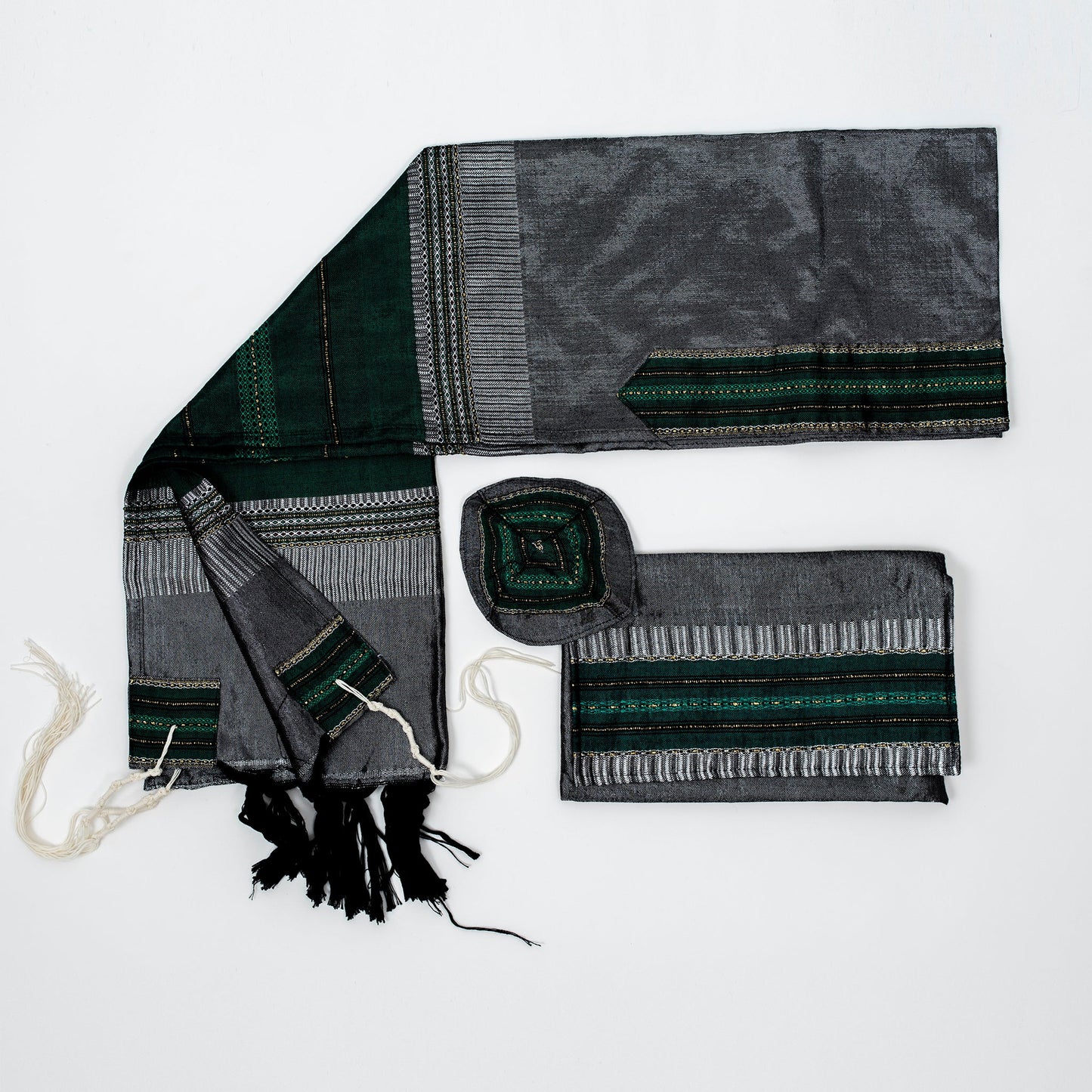 Elia - Silk Tallit- Green and Gold on Gray