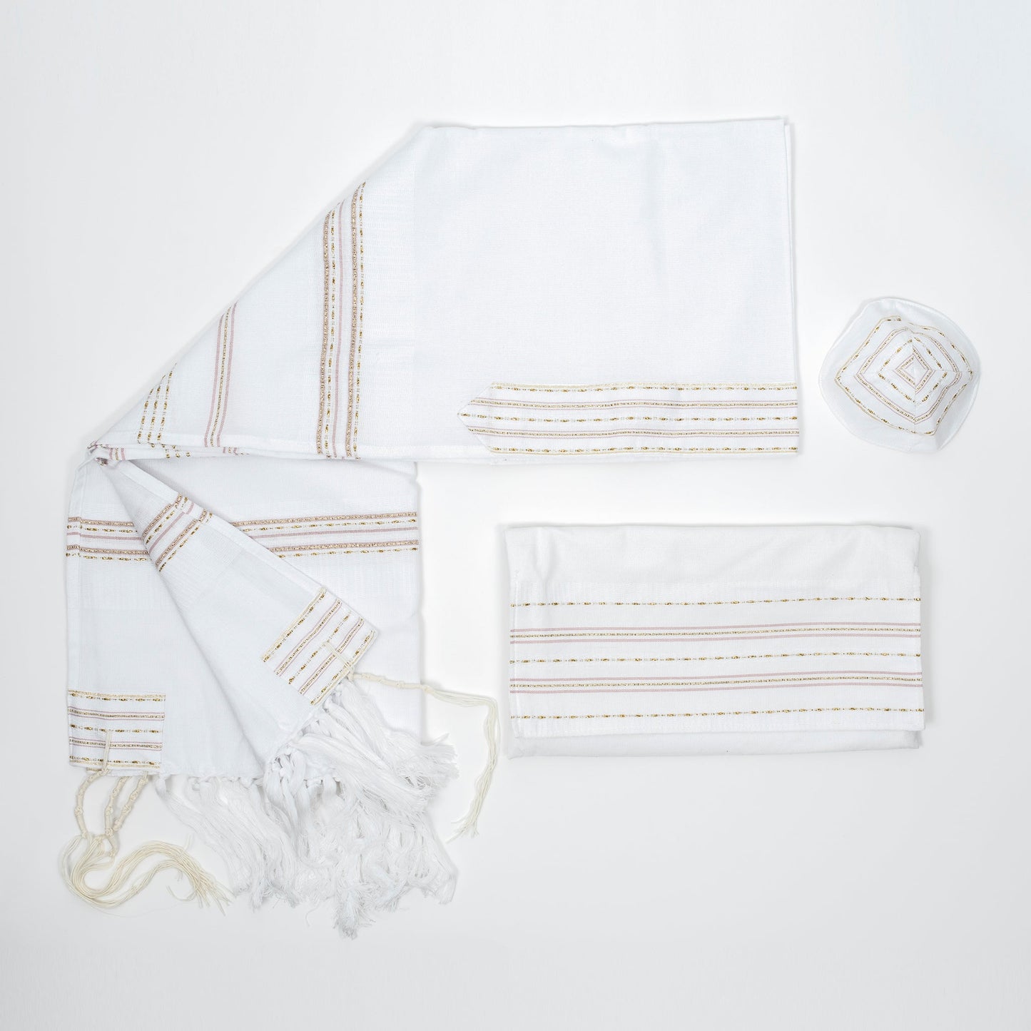 Elia - Silk Tallit - Pink and Gold on White