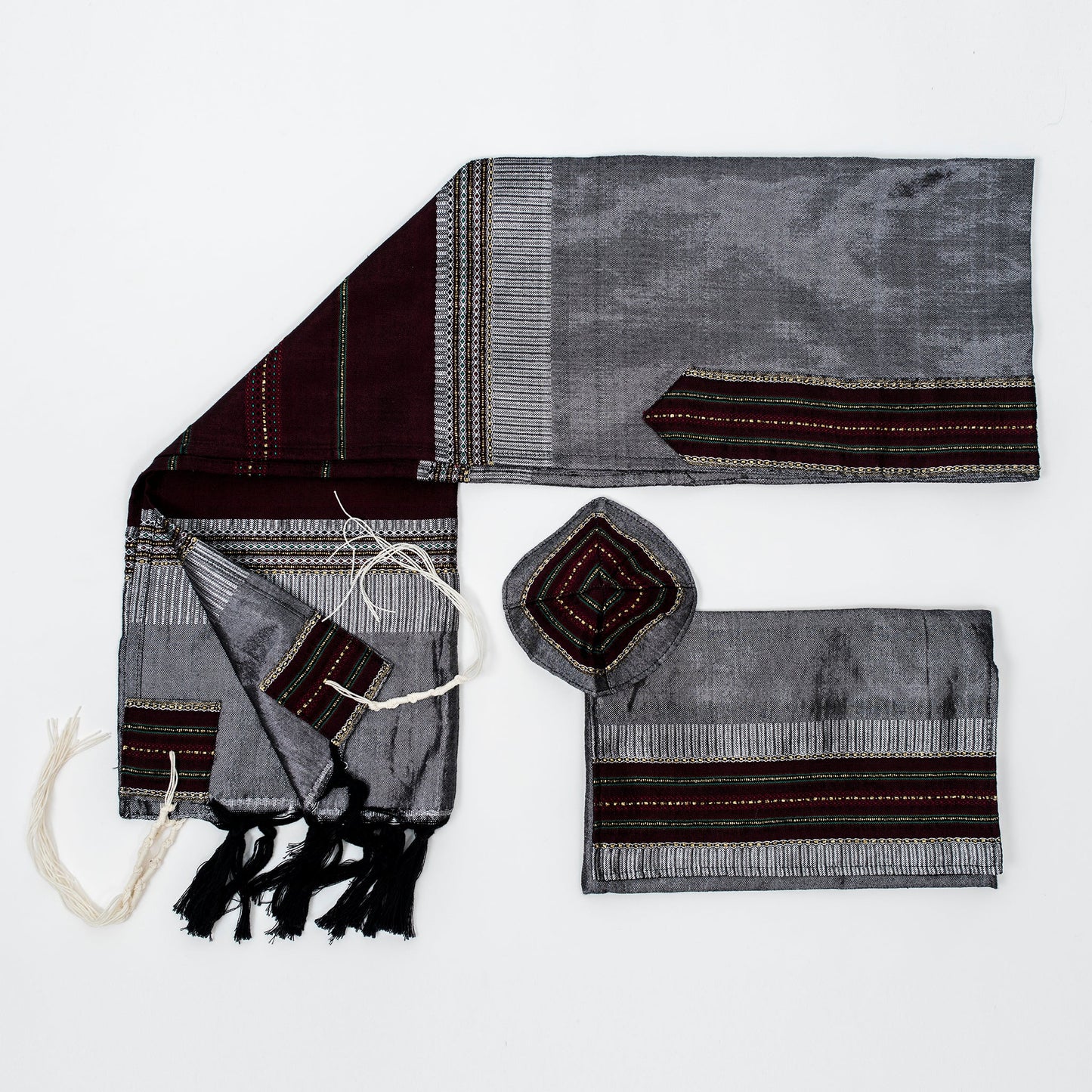 Elia - Silk Tallit- Bordeaux and Gold on Gray