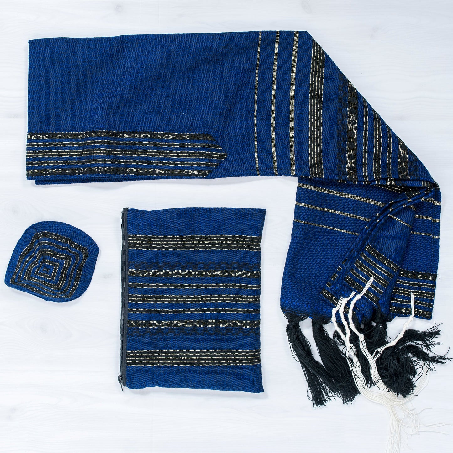 Hagar - Wool Tallit - Black and Gold Design on Blue
