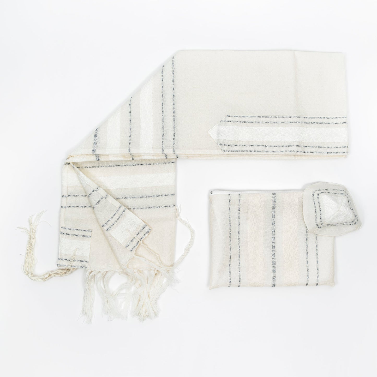 Perach - Wool Tallit - Silver Stripes on Off-White