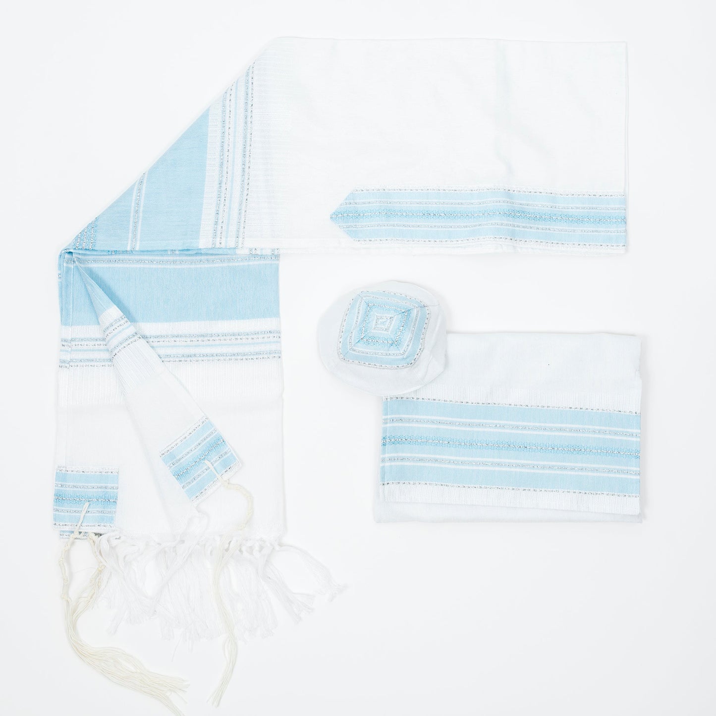 Elia - Silk Tallit - Baby Blue with Silver on White