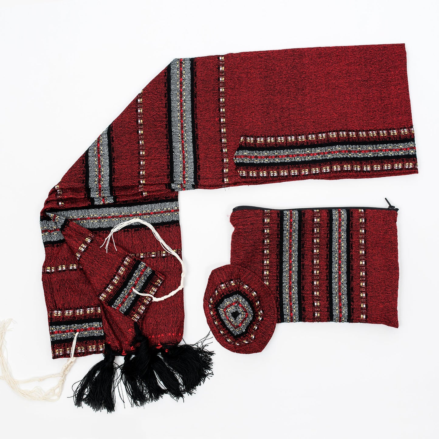 Ruth - Wool Tallit - Black and Gray with gold on Red