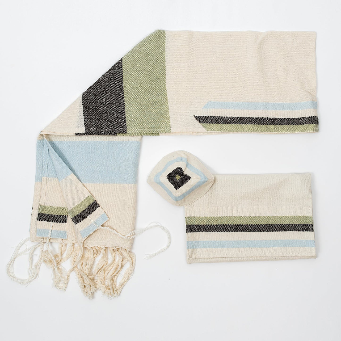 Emanuel - Cotton Tallit - Blue and Green Wide Stripes on Off-White