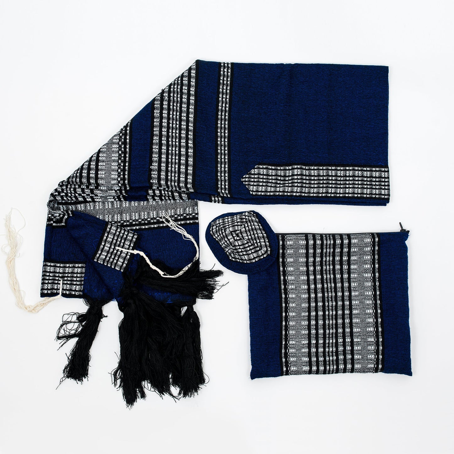 Yoel - Wool Tallit - Black and Grays on Blue