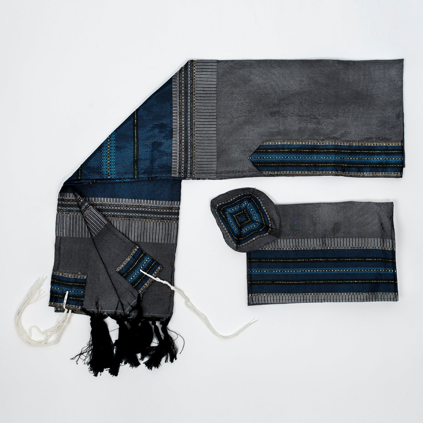 Elia - Silk Tallit- Flag Blue with gold on Gray