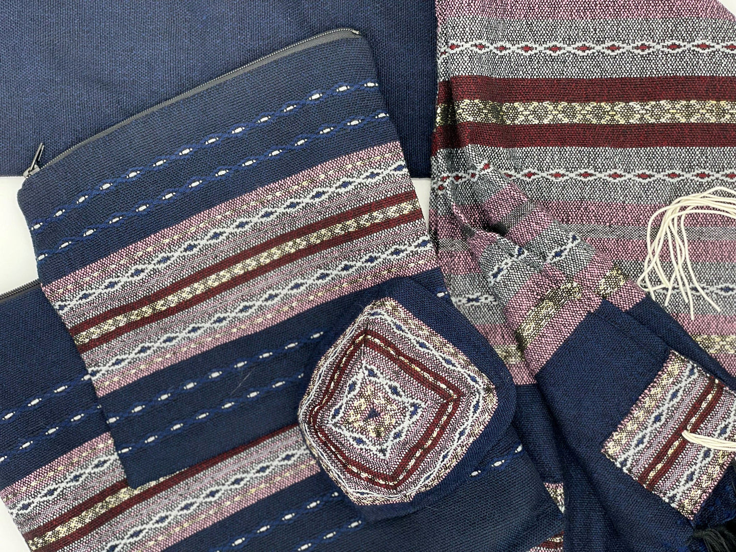 Gabrieli Premium - Wool Tallit - Lilac Purple, White, Bordeaux and Gold on Dark Blue