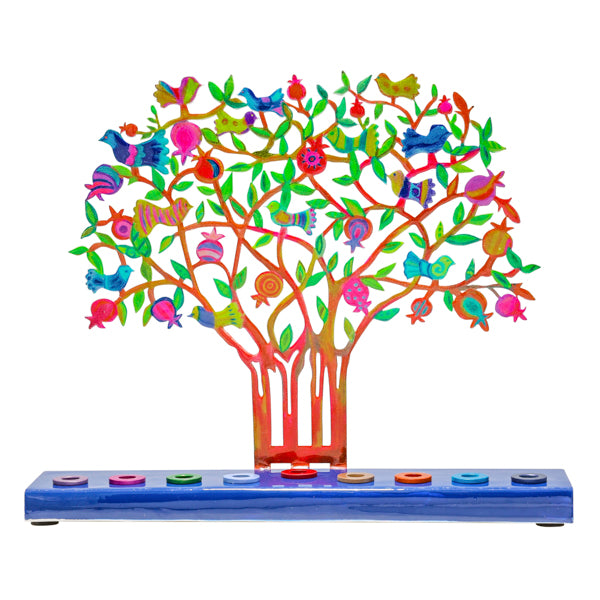 Hanukkah Menorah - Laser Cut, Hand Painted - Pomegranate Tree