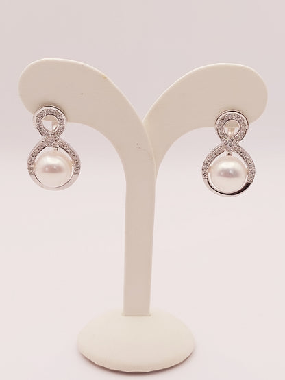 White South Pearl Infinity Earrings  with Diamonds