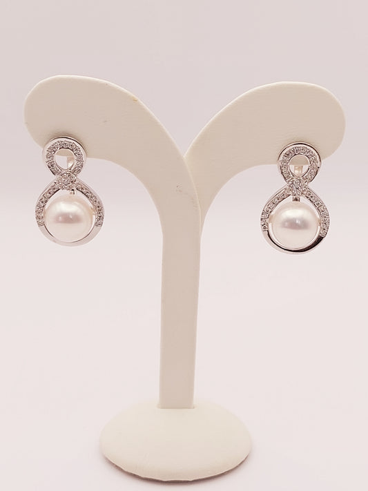 White South Pearl Infinity Earrings  with Diamonds