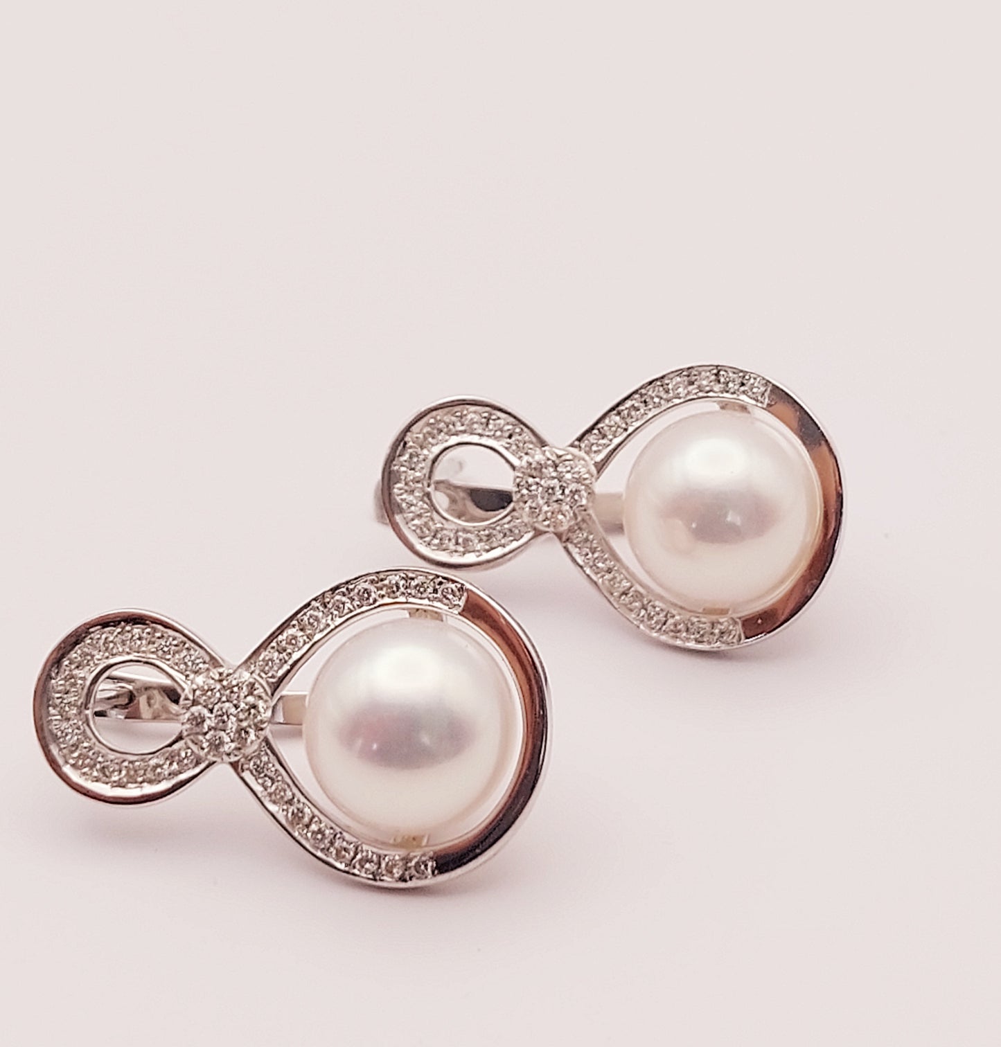 White South Pearl Infinity Earrings  with Diamonds