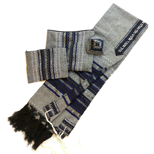 Gabrieli Premium - Wool Tallit - Blue & Silver on Gray