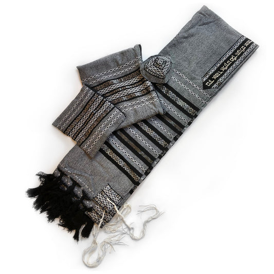 Gabrieli Premium - Wool Tallit - Black, White & Silver on Gray