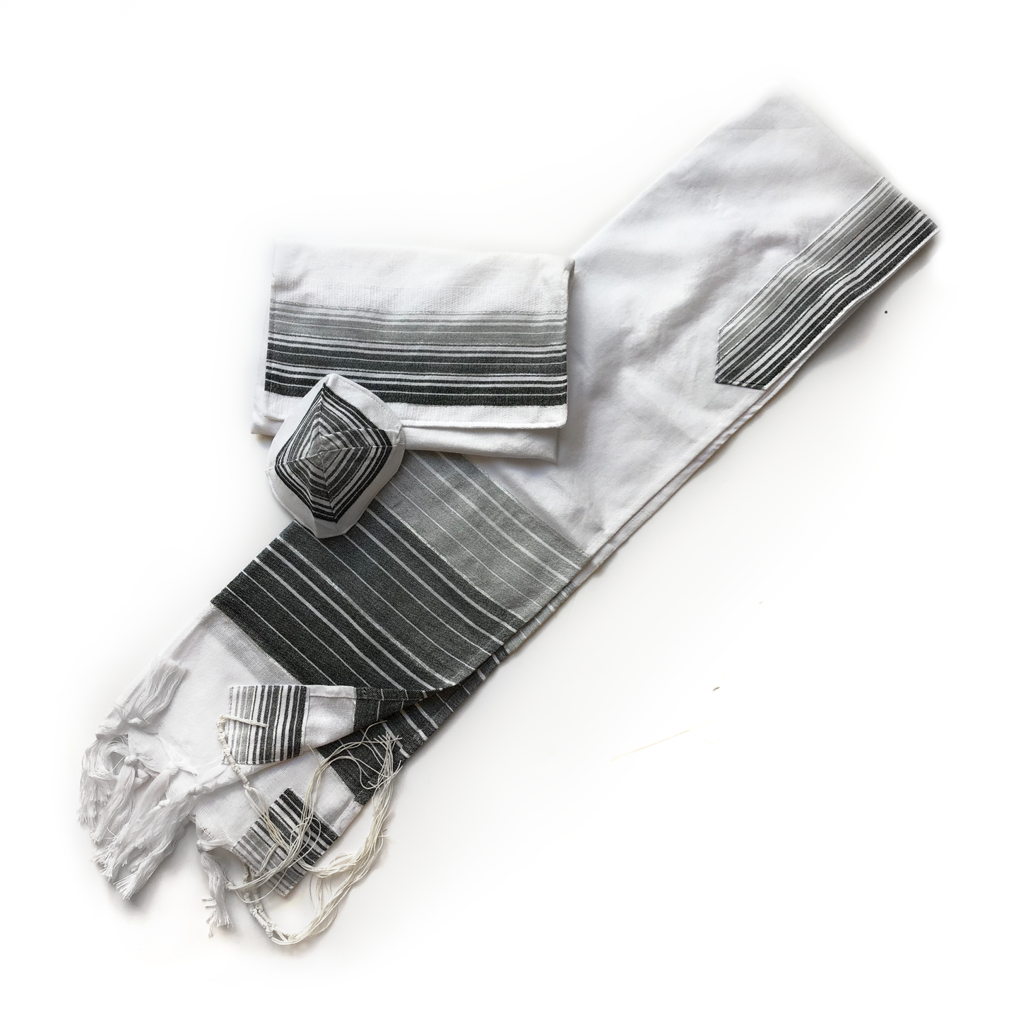 Ella - Cotton Tallit - Gray and Black Stripes with Silver on White