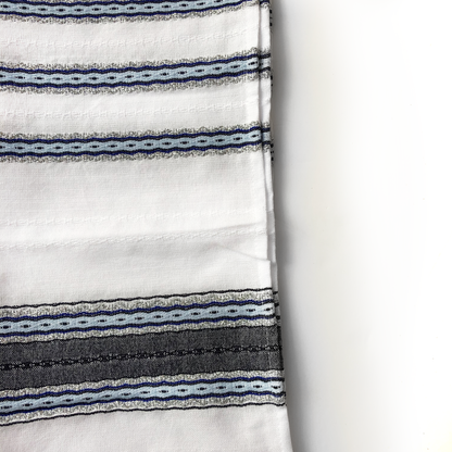 Adam - Cotton Tallit - Blues with Silver on White