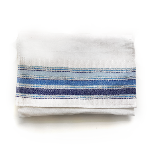 Noam - Cotton Tallit - 3 Blues and Silver on White