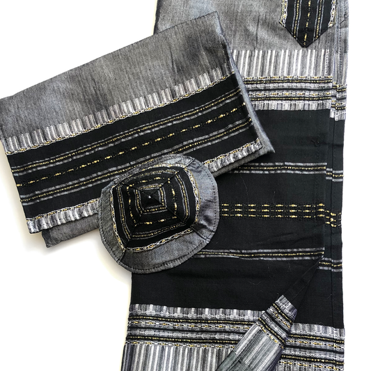 Elia - Silk Tallit- Black with Gold on Gray