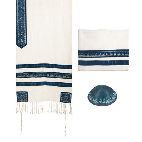 Tallit - Embroidered + Embroidered Stripe - Blue - Chaya & Raphael's Galleries