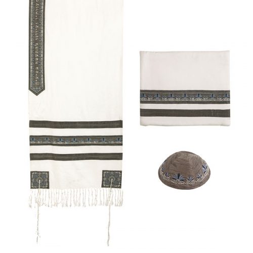 Tallit - Embroidered + Embroidered Stripe - Gray - Chaya & Raphael's Galleries