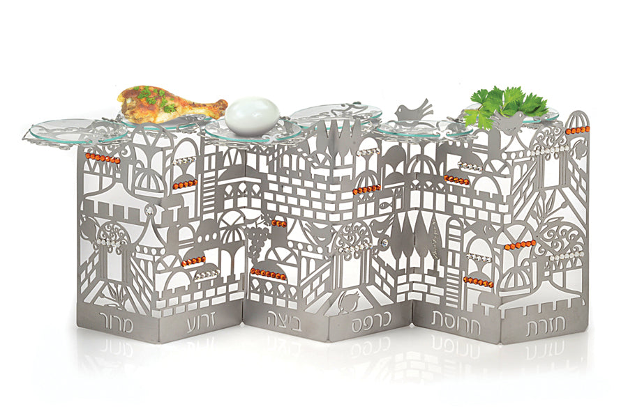 Seder Plate (Standing) - Decorated With Jerusalem Design and Crystal Stones - Chaya & Raphael's Galleries