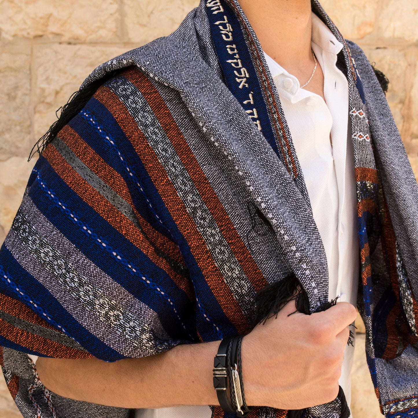 Gabrieli Premium - Wool Tallit - Blue & Orange with Silver on Gray