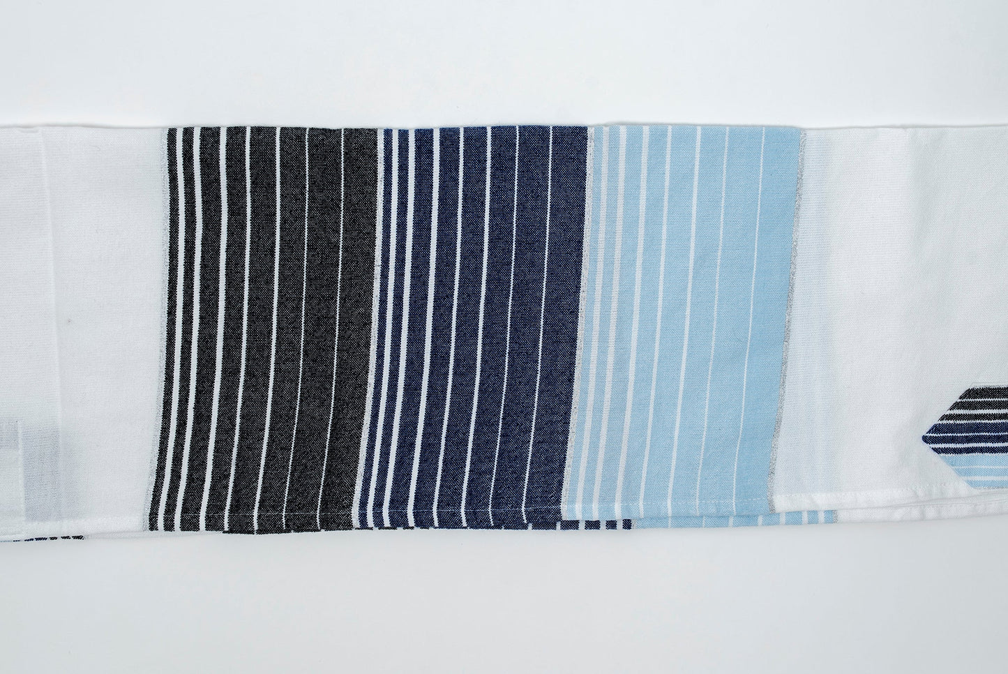 Ella - Cotton Tallit - Blue and Black Stripes with Silver on White