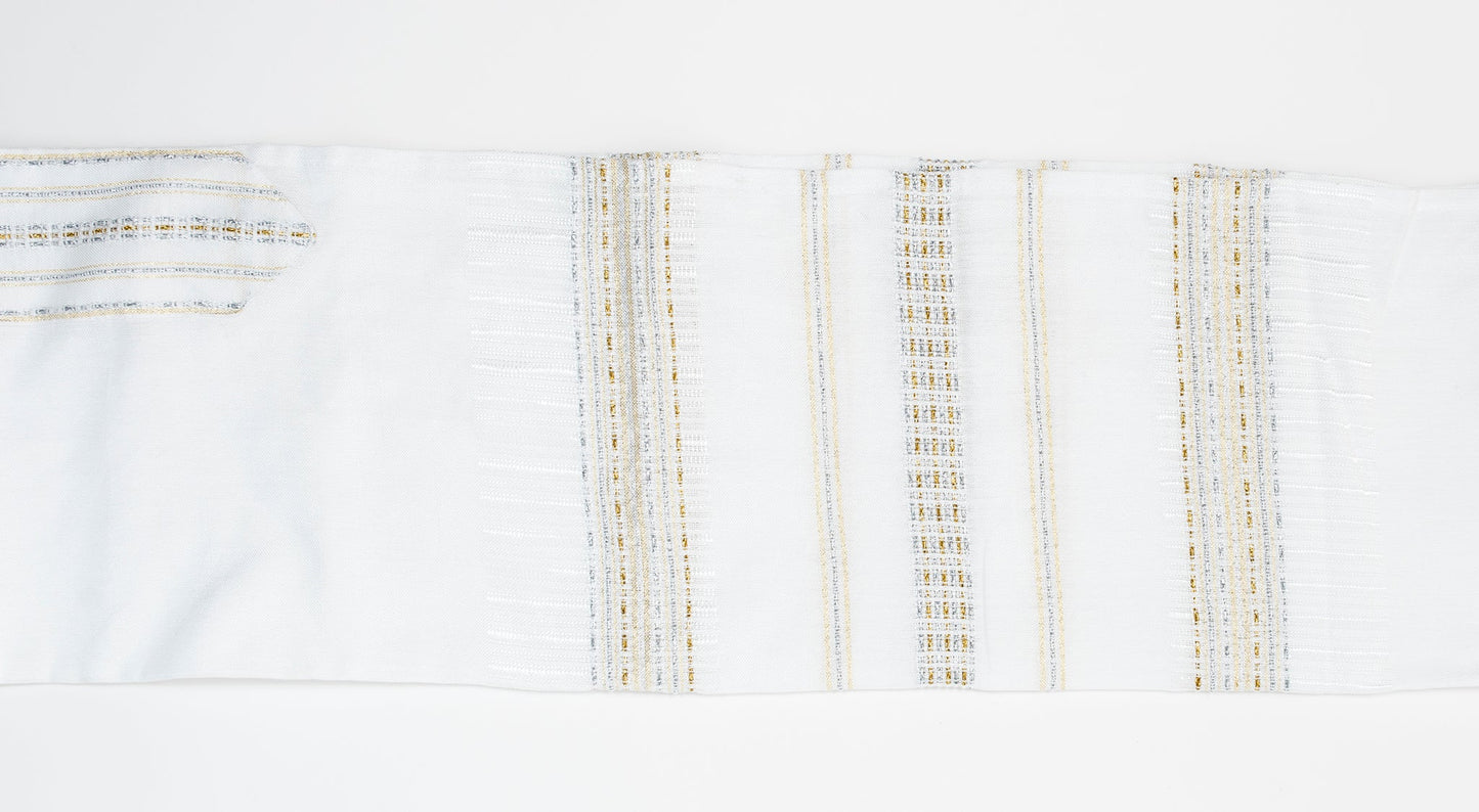 Elia - Silk Tallit - Gold and Silver on White