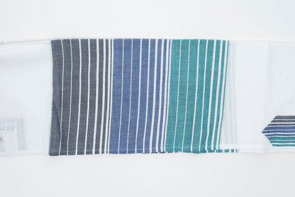 Ella - Cotton Tallit - Turquoise, Blue and Navy Stripes with Silver on White