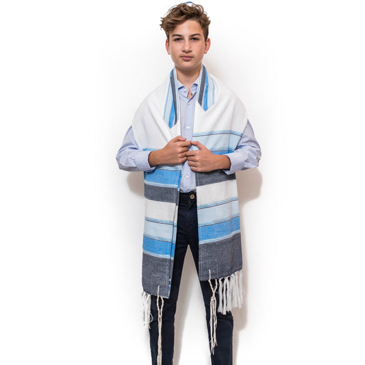 Noam - Silk Tallit - 3 Blues and Silver on White