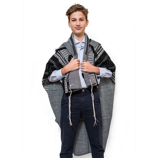 Elia - Wool Tallit - Black on Gray with Silver