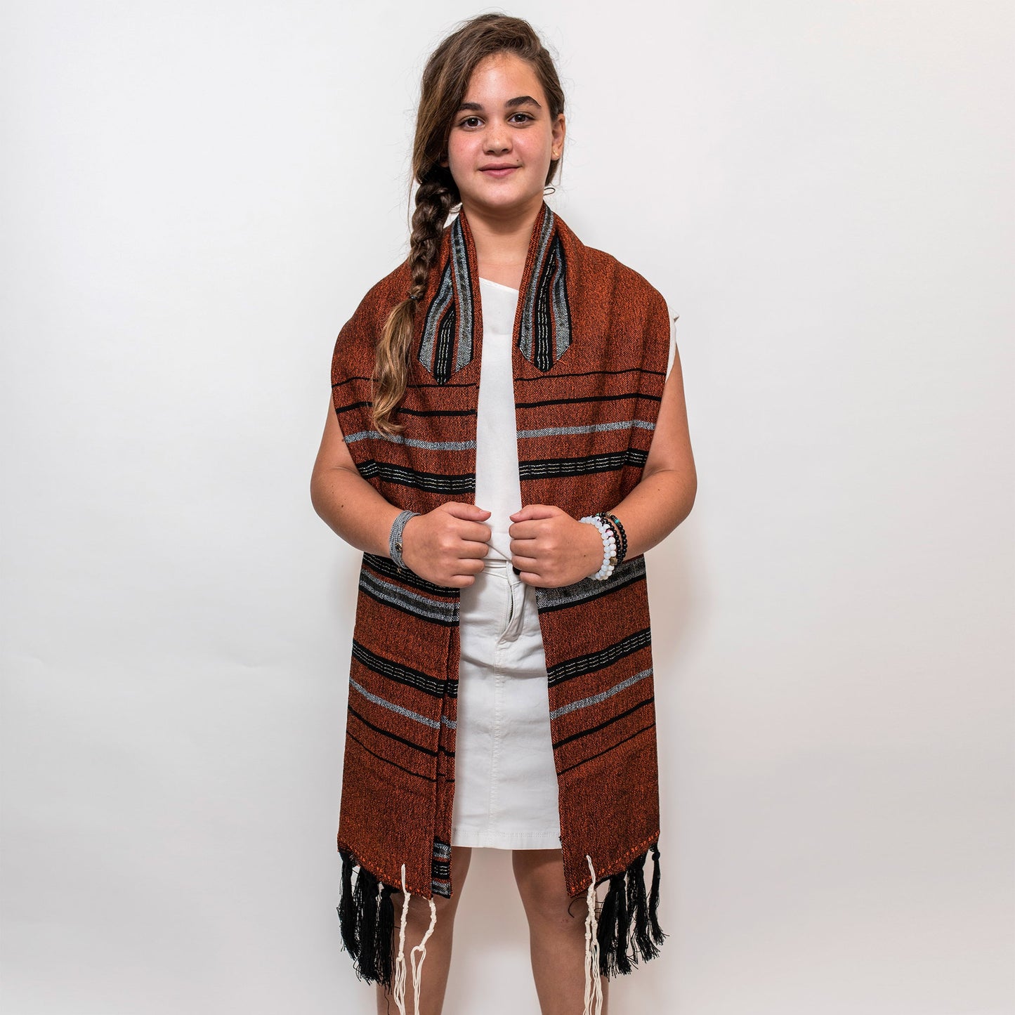Solomon - Wool Tallit - Black and Gray with Gold and Silver on Orange